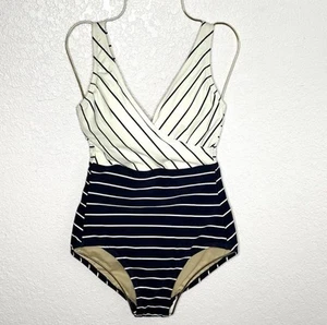 Costume intero Kona Sol blu navy a righe scollo a V completo taglia S (4-6) nuovo! - Foto 1 di 11