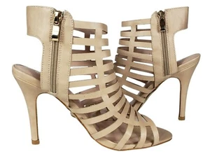 Nude Tan Beige Cutout Strappy Heels Women Size 7.5 Open Toe Shoes Side Zipper - Picture 1 of 11
