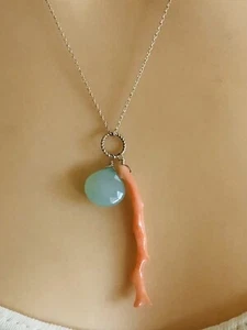 925 Sterling Silver Coral Branch & Sea Green Briolette Drop Pendant Necklace - Picture 1 of 9