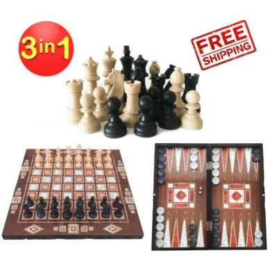 3in1 Backgammon Schach und Dame klappbar Board und alle Stücke enthalten 48cm - Bild 1 von 4