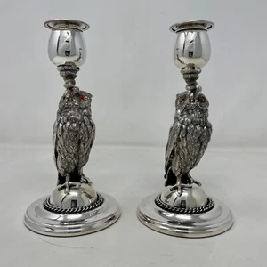 Roberts and Belk Silver Plate Owl Candlesticks with Glass Eyes - Picture 1 of 16