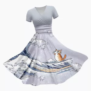 Vestido midi con cuello en V para mujer precioso gato gatito manga corta playa solero - Imagen 1 de 11