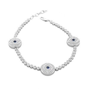 925 Sterling Silver Bezel-Set CZ Hamsa Evil Eye Womens Tennis Bracelet