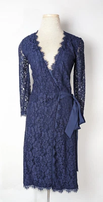 Diana Von Furstenberg Women Navy Julianna Lace Wrap Dress Size 0 New w/Tags - Image 1 of 4