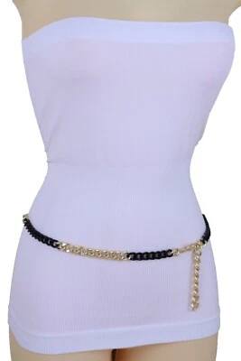 Sexy Mujeres Negro Dorado Color Metal Cadena Banda Estrecha Cinturón Elegante Bling Talla M L XL Foto 1 de 4