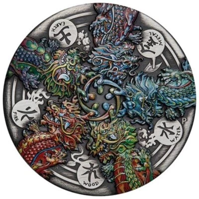2024 Tuvalu Dragon and the Five Elements 5 oz Silver Antiqued Colorized Coin - Image 1 of 4