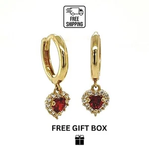 14k Yellow Gold Halo Heart Birthstone Huggie Earrings - Picture 1 of 13