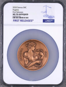NGC MS70 Antiqued 2020 Samoa 60mm Copper Coin - Hygieia (First Releases)