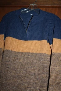 NEW DESIGNER COTTON BLEND LONG SLEEVE STRIPED BEIGE/NAVY SWEATER SIZE XL - Picture 1 of 3