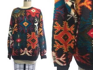 Handmade Oversized Fine Wool Tribal Geo-Motif Knit  Winter sweater Unisex - Picture 1 of 11