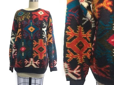 Handmade Oversized Fine Wool Tribal Geo-Motif Knit  Winter sweater Unisex - Image 1 of 4
