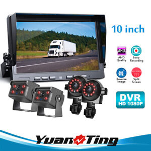 10'' Quad Monitor DVR Dash Cam 4CH Backup Camera for Truck Semi Trailer RVs Bus