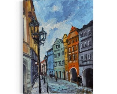 Pintura al óleo original paisaje urbano de Praga antigua arte de pared moderno lienzo negro 16 x12 Foto 1 de 4