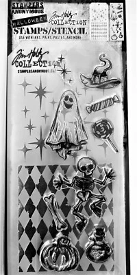 Conjunto de estêncil de arlequim e carimbo transparente Halloween Doodles Tim Holtz NOVO! - Imagem 1 de 2