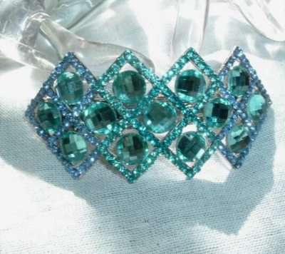 Art Deco Blue and Green Glass and Rhinestone 3.5" Hair Barrette - Image 1 of 4