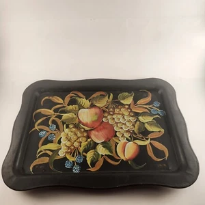 Metal Bed Lap TV Tray w Folding Legs Vintage Fruit Serving Apples Grapes Kitsch - Picture 1 of 7