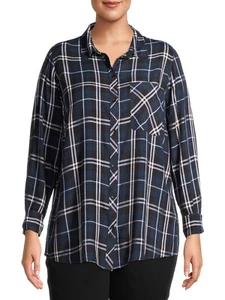 Marineblaues kariertes Button-Down-Damenhemd Übergröße mit Tasche UK-Größe 16–28 - Bild 1 von 5