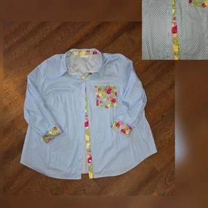 Susan Graver Blue Polka Dot Floral Cuff Contrast Button Down Shirt QVC 28W 3X - Picture 1 of 12