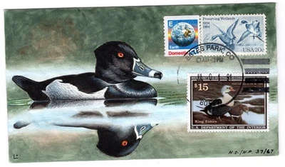 RW58 King Eiders 1991 FDC Lyn Cloud (Schrage) Hand-Painted Duck Hunting - Image 1 of 2