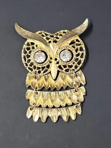 Vintage 1960er goldfarbene Strass Augen strukturierte gelenkige Eule Brosche 3"x2" - Bild 1 von 6