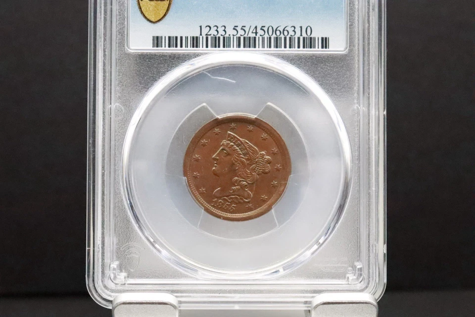 Medio centavo cabello trenzado 1855 1/2 graduación profesional AU55 Foto 1 de 4