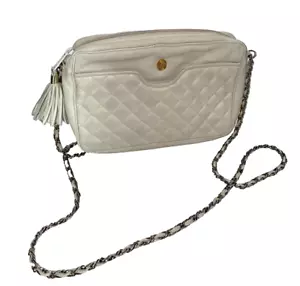Ganson Vintage Women’s Quilted Crossbody Bag Chain Strap Ivory Leather Tassel - Picture 1 of 13