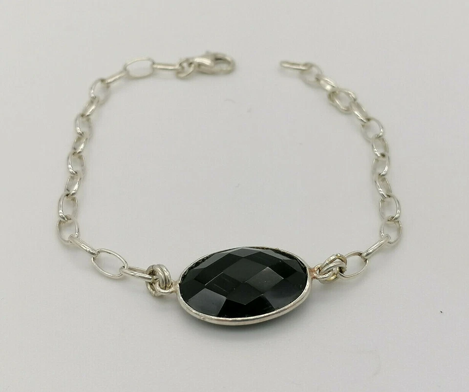 Pulsera Mujer Plata 925 Ónix Negro Cabujón Hecho En Italia Regulable - Imagen 1 de 4