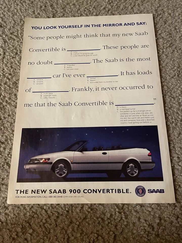 Vintage 1994 SAAB 900 CONVERTIBLE PRINT AD 1990s WHITE - Image 1 of 1