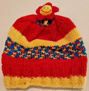 Children's Handmade Knitted Tobaggan Smiling Sun Red & Yellow - Picture 1 of 5