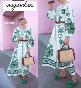 Magaschoni Floral Forest Soul Green White 100% Linen Maxi Shirt Dress - Picture 1 of 18