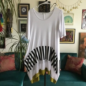 LUUKAA size 10 White Stripes & Polka Dot Stretch Jersey Lagenlook Tunic Artsy - Picture 1 of 5