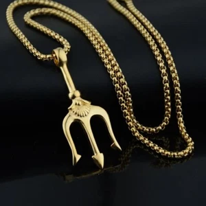 Men's Gold Poseidon Trident Pendant Necklace Punk Retro Rock Jewelry Chain 24" - Picture 1 of 3