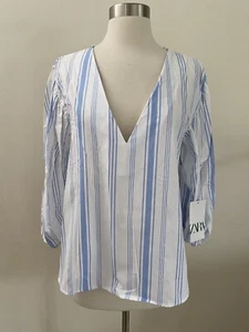 NEW ZARA WOMENS BLUE WHITE STRIPE PUFF SLEEVE BLOUSE MEDIUM - Bild 1 von 7