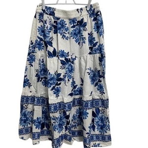 Mlle Gabrielle Floral Skirt Tiered Elastic Waist Cottagecore Boho White/Blue Lg - Picture 1 of 9