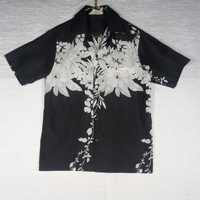 Vintage 70s Hilo Hattie Hawaiian Shirt Mens Medium Black White Floral Aloha - Image 1 of 4