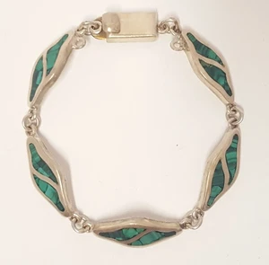 Malachit Intarsien Sterlingsilber Taxco Armband 7,25" gewellte Glieder Vintage Mexiko - Bild 1 von 20