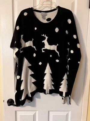 Women's Christmas Holiday Poncho Navy White Reindeers One Size (Med/Large) - Imagem 1 de 2