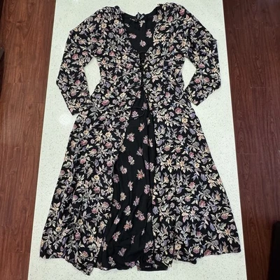 Vestido romántico negro manga larga vintage estampado floral corsé cabaña pradera M Foto 1 de 4