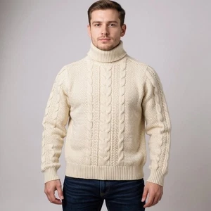 Reiss Man’s Cream Cable Fisherman Turtleneck Sweater Size M Preppy Old Money - Picture 1 of 13