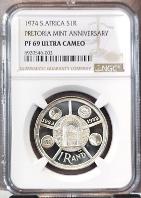 1974 SOUTH AFRICA SILVER 1 RAND PRETORIA MINT NGC PF 69 ULTRA CAMEO RARE TOP POP - Image 1 of 3