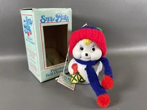Snow Bells Porcelain Bell Ornament Vintage Snowman with Red, Blue Hat in Box - Picture 1 of 9