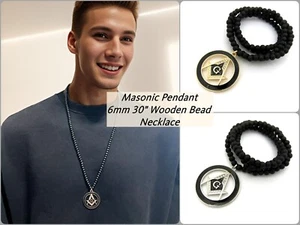 Black Border Encircled Masonic Compass Pendant 6mm 30" Wooden Necklace RC1870 - Picture 1 of 17