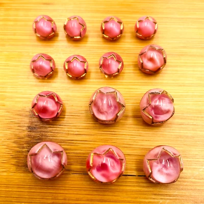 Pink Round Dome Moonglow VTG Button Set (Sm 8 Med 1 Lg 5) Prong Gold Lustre - Image 1 of 4