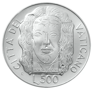 VATICAN 500 LIRE 1998 ( Exposition of the Shroud ) SILVER coin (KM# 292) UNC - Picture 1 of 5