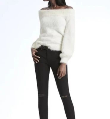 Suéter BANANA REPUBLIC XSP Crema Difuso Piel Sintética Pestañas Pullover Fuera del Hombro Foto 1 de 4