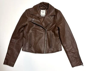Abercrombie & Fitch Crop Bomber Giacca Cammello Piccolo Vegan Pelle Moto Jacket - Foto 1 di 5