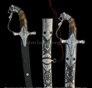 Espada caligráfica india con empuñadura cara de tigre, acero Damasco, espada india vintage. - Imagen 1 de 11