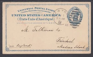 US Sc UX6 used 1879 2c Liberty Postal Card to Funchal - Picture 1 of 1