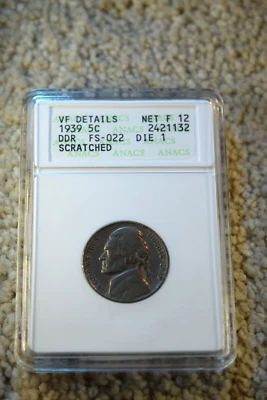 1939 JEFFERSON NICKEL DOUBLE DIE REVERSE FS-022 ANACS CERTIFIED VF DETAILS! #9 - Image 1 of 4