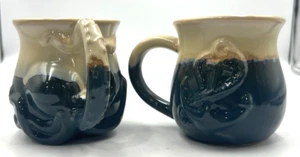 2 Handmade Drip Glaze Stoneware Mug Embossed Octopus and Nautical Anchor 12 oz - Picture 1 of 14
